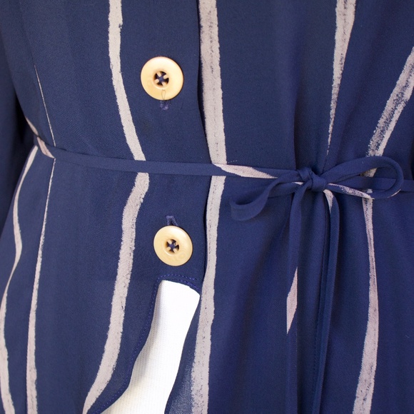 Catherine Bacon 100% Silk Blue & White Stripe Double Collar High Low Blouse XS - Picture 9 of 17